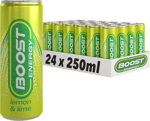 Boost Energy Drink, Lemon and Lime Flavour, 250ml x 24 Pack, Vegan, 55 kcal per Can, Gluten-Free, with Taurine, Carbonated, Added B Vitamins and Caffeine (24 Cans x 250ml)