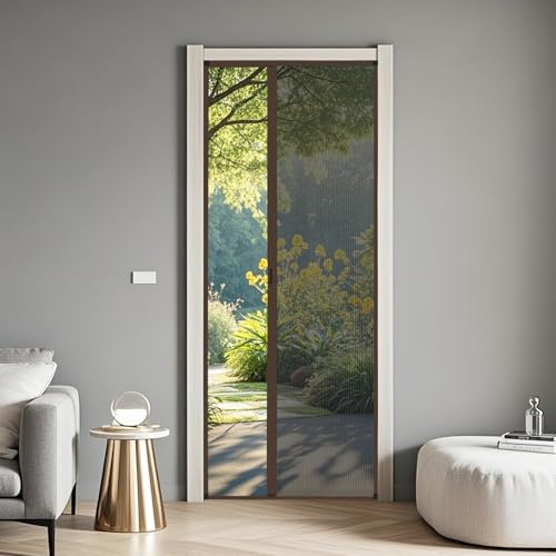 No-Drill Multifold Interior Doors,Customizable Retractable Screen Door with Aluminum Frame, Low Track Sliding Door for Patio,Front Door,RV (Coffee)