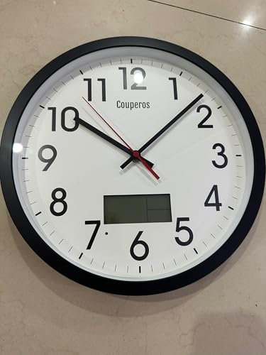 Couperos 12 Inch Digital Wall Clock with Lighted LCD Display Temp, Week, Switchable Time and Perpetual Calendar, DST Function, Silent Battery Operated Analog Black Clock for Bedroom Office Classroom
