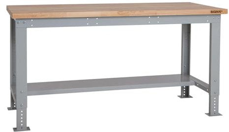 BiGDUG Height Adjustable Workbench - Heavy Duty Workshop Table - 877H x 1715W x 750D mm - Wood Worktop Half Depth Lower Shelf