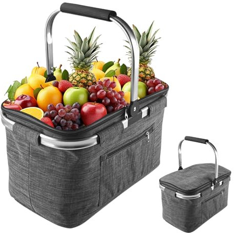 30L Einkaufskorb Faltbar, Familie Tragekorb, Groß Picknickkorb mit Gepolsterten Griffen, Einkaufstasche mit Alurahmen ideal für Reisen, Picknick, Einkaufen, Geschenk (grau)