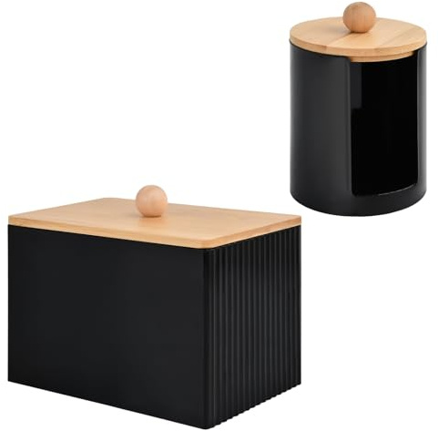 Ziyonix 2 Stück Wattepadspender mit Bambusdeckel, Wattepads Aufbewahrung, Multifunktional Wattestäbchen Behälter Schwarz Tampon Aufbewahrung für Badezimmer, Schminktisch, Wohnzimmer (Schwarz)