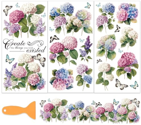 OLYCRAFT 3Pcs/Set Hydrangea Rub on Transfers for Furniture and Crafts 15x30cm Butterfly Furniture Decals Decor Purple Flower Transfer Stickers with 1pc Scraper for Scrapbook Window DIY Home Decor