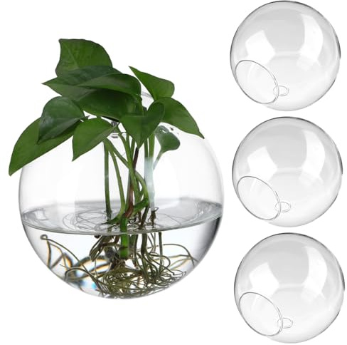 OFFSCH 4 Stück Glas Wandblumentöpfe Rund Klare Wandvasen für Zimmerpflanzen Sukkulenten Terrarien Dekorative Hängepflanzenhalter für Wohnzimmer Büro