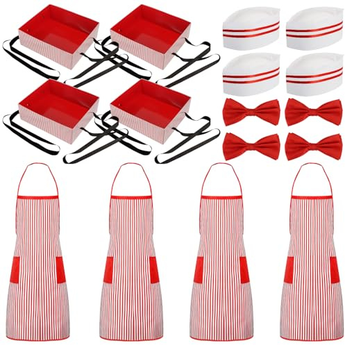 Kaxtde 4 Stück Kellner-Kostümsets mit Schürze, Mütze, Fliege und Tablett | Gestreiftes 50er-Jahre-Outfit für Erwachsene – passend für Karneval, Fasching, Cosplay, Zirkus-, Diner- und Mottopartys