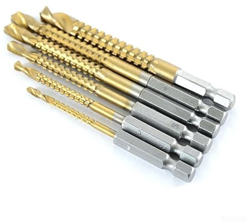 Titanium Coated HSS Twist Drill Bits Set – 6-Piece Hex Shank, 3mm to 8mm, Serrated Cutting for Wood, Metal & Plastic