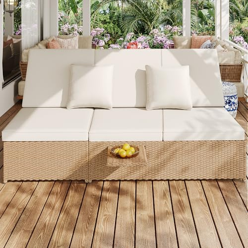 NADEUSAK Outdoor Gartenliege Doppelbett, Weiß, Rattan Outdoor Liege, Rattansofa, geeignet für Lounges, Balkone und Gärten, wetterfest, klappbar, mit Kissen