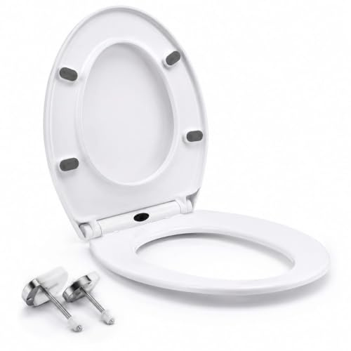 Toilet Seat with Quick Release – Soft Close Toilet Seat Oval- Adjustable White Seat with Easy Installation, Durable Heavy Duty Plastic, Non-Slip Hinges - 10 Free White Toilet Seat Covers