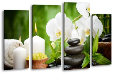 Leinwandbild Wellness LW399 Wandbild, Bild auf Leinwand, 4 Teile, 180x100cm, Kunstdruck Canvas, XXL Bilder, Keilrahmenbild, fertig aufgespannt, Bild, Holzrahmen, Orchidee, Asia, Entspannung,