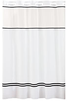 Hookless Rideau de Douche 3 en 1 en Tissu avec PEVA It's A Snap ! Doublure et fenêtre à Clipser, 180 x 188 cm, Blanc/Noir