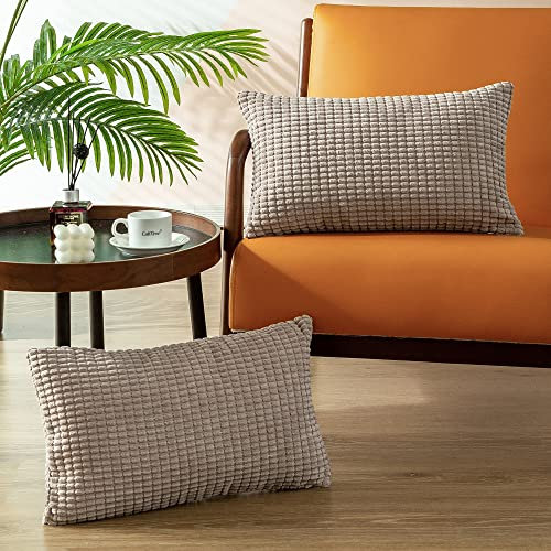 CaliTime Kissenbezüge Kissenhülle 2er-Pack Comfy Bolster Pillow Covers Cases for Couch Sofa Bed Comfort Supersoft Cord Corn Striped Both Sides 30cm x 50cm Light Taupe