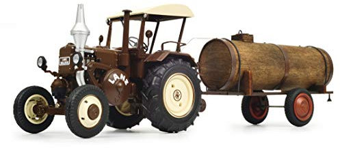 Schuco 450769900 Lanz Traktor mit Güllefaß, Bulldog mit Dach, Fassanhänger (Holz/Lasercut), Modellauto, 1:32, semi-matt braun
