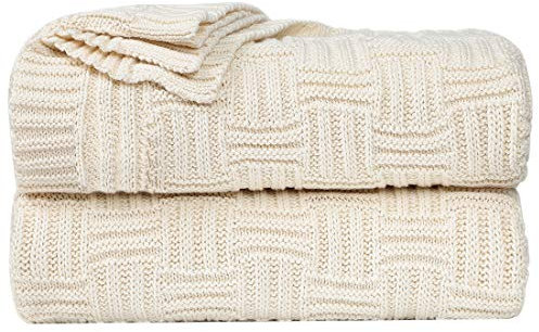 sourcing map Überwurfdecke aus 100 % Baumwolle, Zopfmuster, weich, leicht, strukturiert, einfarbig, Sofaüberwurf, Couchbezug, dekorative Strickdecken, Beige, 119,4 x 177,8 cm