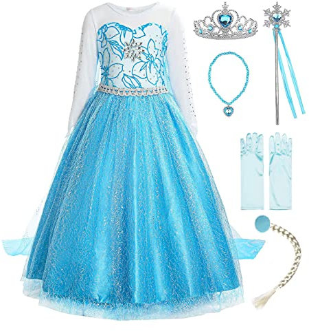 ReliBeauty Mädchen Prinzessin Schneeflocke Süßer Ausschnitt Kleid Kostüme, Blau(mit Zubehör),3-4Jahren/98-104cm(Etikett100)