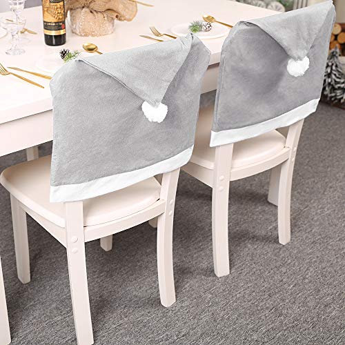 IHONYI 4er Set Stuhlhusse Weihnachts, Dinnersitz Stuhlüberzug Abdeckung Grau Santa Claus Stuhlhusse Weihnachtsmütze - Christmas Chair Cover für Festliche Dekoration Geschenkset