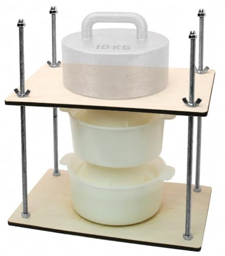 Prensa Para Queso Käsepresse aus Holz für Käseherstellung, 30,5 cm, Metallführungen 33 cm und 2 Käseformen mit Kolben, 1,3 l