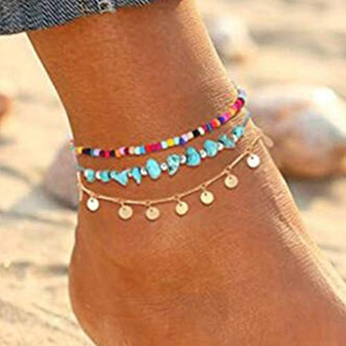 Handcess Boho Layered Türkis Fußkettchen Gold Pailletten Quaste Knöchel Armbänder Strand Perlen Fußketten für Frauen und Mädchen