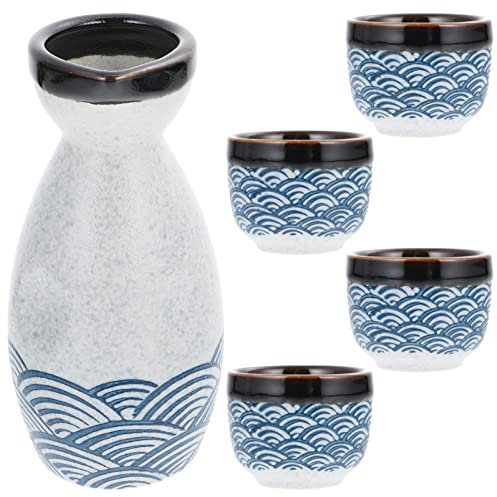DOITOOL Japanese Sake Set with Warmer - 1 Pot and 4 Sake Cup - Traditional Ceramic Wine Glasses Tea Cups for Home Gadgets Japanese Gifts (Blue)