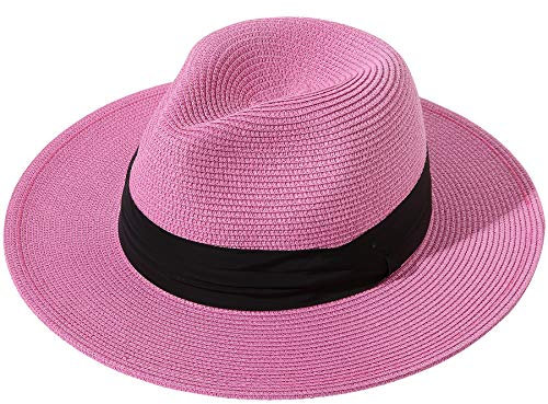 Lanzom Strohhut mit breiter Krempe für Damen, Panamahut, Filzhut, Sonnenhut am Strand, UV–Schutzfaktor 50+ - - Einheitsgröße