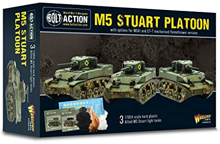 Warlord Games M5 Stuart Platoon Bolt Action - 3x Kunststoff-Tanks 1:56 - Modellbaukit für Erwachsene - Unlackiert, Beschädigungsmarker, Aufkleberblatt - Medium, Unisex