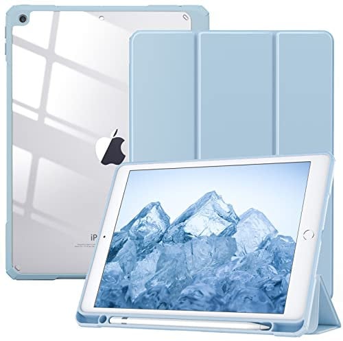 TiMOVO Case for iPad 9th Generation 2021/iPad 8th Generation 2020/iPad 7th Generation 2019 10.2 inch with Pencil Holder, Slim Protective Cover with Clear Back Shell, Auto Wake/Sleep, Sky Blue