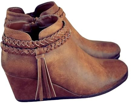 Fashare Womens Wedge Ankle Boots Braided Fringe Strap Western Heeled Winter Booties Shoes,Leather Brown, Size 7.5