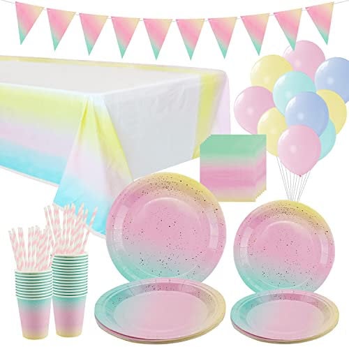 Fournitures de table de fête à pois dorés – Pour 25 personnes, arc-en-ciel pastel, vaisselle de décoration de fête comprenant assiettes, tasses, serviettes, pailles, bannière, nappe
