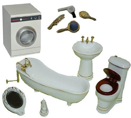 alles-meine.de GmbH 10 TLG. Set Bad Maßstab 1:12 mit Waschmaschine und Zubehör - Porzellan/Keramik - Nostalgie Miniatur für Badezimmer Zubehör Nostalgie Puppenstube Badewanne