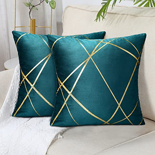 2er Set Samt Kissenbezüge 45x45 cm Blau-Grün Bronzieren Geometrie Dekokissen Kissenhülle Sofakissen Couchkissen Dekorative Kissen Kissenbezüge Zierkissen Bezug für Schlafzimmer Sofa Bett