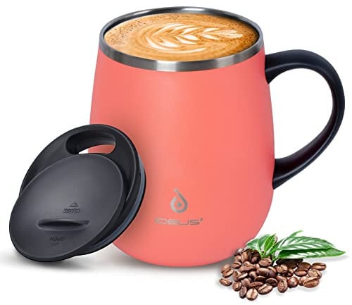 Ideus Coffee Mug 470ml (16oz), Double Wall Vacuum Insulated Stainless Steel Coffee & Tea Cup w/Non-Slip Handle & Slider Module Lid & Large Volume (Pink)
