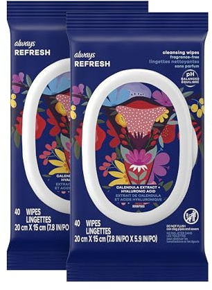 Always Refresh Cleansing Intimate Wipes For Women, Ph Balanced For Skin, Fragrance Free, Gynecologist Tested, 40 Count X 2 Packs (80 Count Total)