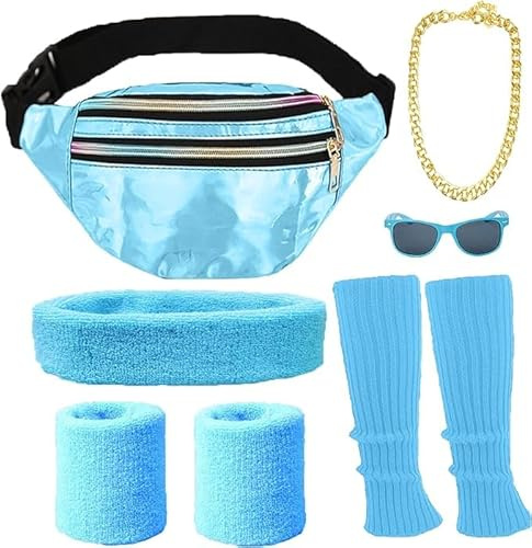 ATOWORLD Deguisement Annee 80 Femme Homme Accessoire Fluo Sac Banane Bandeau Cheveux Femme Bracelet Jambiere Annees 80 90 Deguisement Disco Femme Homme Déguisement Année 80 Accessoires Sportif (bleu)
