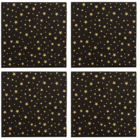Papierservietten Servietten-Set 3-lagig Größe 33 x 33 cm (4 Pckg. Goldene Sterne auf Schwarz)