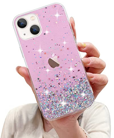 LCHULLE Glitter Case for iPhone 14 Bling Sparkle Shockproof Phone Bumper Cute Stylish Cover for Women and Girls Crystal Silicone Slim Case for iPhone 14,Pink