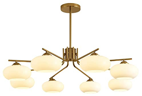 KCO Sputnik Kronleuchter mit 8 Leuchten, weiße Glaskugel, Sputnik-Kronleuchter, Mitte des Jahrhunderts, modern, goldfarben, halbbündige Deckenleuchte, Sputnik-Kronleuchter, Milchglaskugel