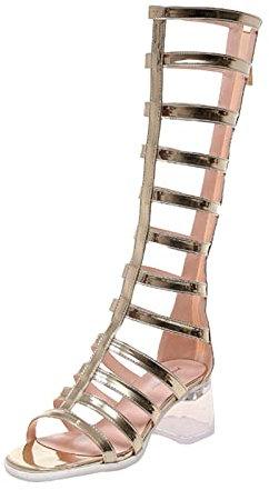 MaNMaNing Sandali Eleganti Nuove scarpe da donna Stivali alti con punta arrotondata Stivali Tacchi spessi Mostrano gambe Stivali da donna romani versatili lunghi e sottili Sandali Eleganti (Gold, 37)