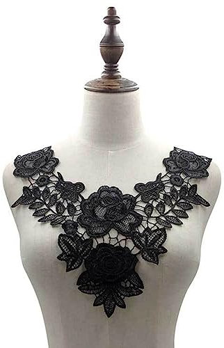 Egurs Rosen Blumen Spitze Kragen Stickerei Spitzenkragen Floral Bestickte Spitze Einsatzkragen Kragen Verzieren Patch für Kleid DIY Handwerk Nähen Schwarz
