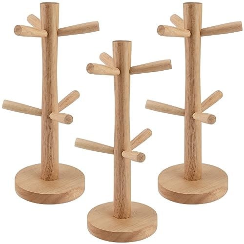 FUNSUEI 3 PCS 6 Mugs Wood Mug Tree, Cup Stand for Mugs, Wooden Cup Holder Tree Mug Holder Tree for Coffee Cups, Mugs, Jewelry Organizing