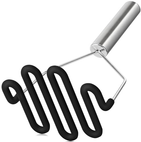 Non-Scratch Potato Masher Silicone Heavy Duty Stainless Steel Wire Black | Dishwasher Safe Sturdy Handle Wrapped Premium Silicone Masher Kitchen Tool for Avocado Bean Vegetable Jams Sauces Guacamole