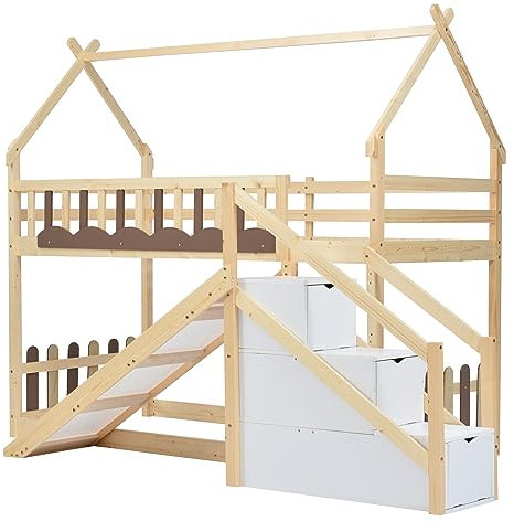 Hausbett mit Treppe und Zäune,Etagenbett,hausbett kinder,Mit Stauraumtreppe und Rutsche,Kinderbett mit Fallschutz und Gitter,Rahmen aus Kiefer,Natur (90x200cm)