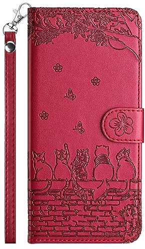 FALUWONRU for Samsung Galaxy A12 5G/M12 Wallet Case,Fence Cats Butterfly Flower Embossed PU Leather Flip Phone Case with Card Slots,Magnetic Protective Cover with Holder Kickstand,Burgundy