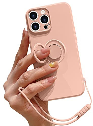 Pepmune Compatible with iPhone 15 Pro Case Liquid Silicone with Ring Holder,Detachable Wrist Strap,Magnetic Car Mount Kickstand,Shockproof Cover Protective Phone Case-Pink