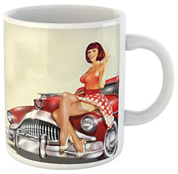 Kaffeebecher Vintage Mit Pin Up Girl Und Carwoman Art Super Pop Comic Strong Lustig Kaffeetassen Mit Großem Henkel Tasse 330Ml Für Geschenk,Kaffee,Büro