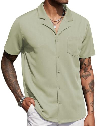 COOFANDY Herrenhemd Kurzarm Cuban Hemd mit Brusttasche Herren Freizeithemden Beach Shirt Hemd Strand Sommer Graugrün XL
