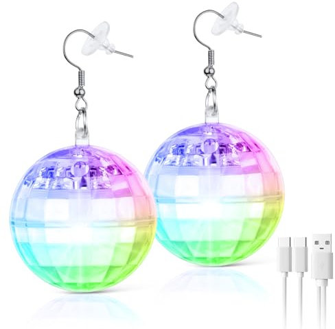 Aucuu Disco Ball Ohrringe, 1 Paar LED Ohrringe, Wiederaufladbare Discokugel Earrings, 7 RGB Licht Projektion Licht Disco Ball Earrings Kugel Zubehör Mädchen Frauen für Party Thema Mottoparty
