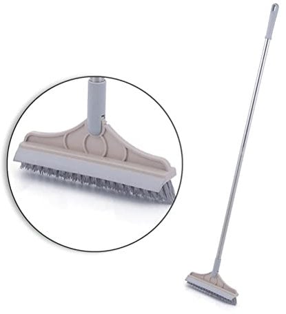 2 in 1 Floor Scrub Brush - Long Handle, Scrape and Brush Stiff Bristle Shower Cleaning Sweeping Deck Push Broom for Kitchen, Bathroom, Patio, Wall and Deck (Khaki)