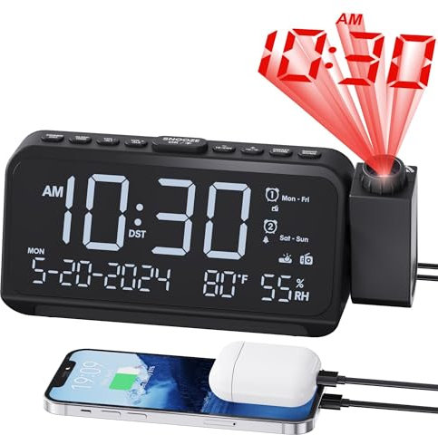 Roxicosly Loud Alarm Clocks with 350°Rotatable Projector, Projection Clock Radio with Weekend Weekday Mode, Dual Alarms, 5 level Brightness, 7 Volumes, Temp, Date, Battery Backup for Heavy Sleepers