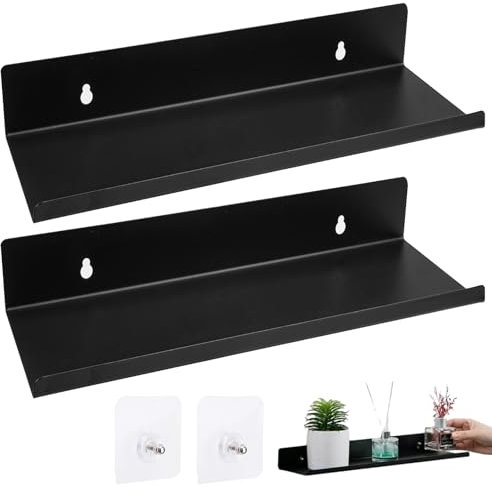 2 Stück Duschablage Ohne Bohren Schwarz 30Cm Wandregal Metall Schwarz Matt, Wandregal Ohne Bohren Schweberegal, Wandboard Schwarz, Badezimmer Ablage Ohne Bohren für Küche Wohnzimmer Schlafzimmer Büro