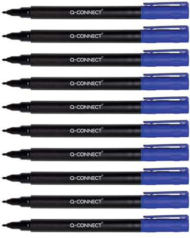 Q-Connect Pennarello per CD DVD BD, spessore: 0,6 mm/blu/10 pezzi, confezione da 10 pezzi, resistente all'acqua, per scrivere su vetro, plastica, metallo, porcellana, pellicola, a base di alcool,
