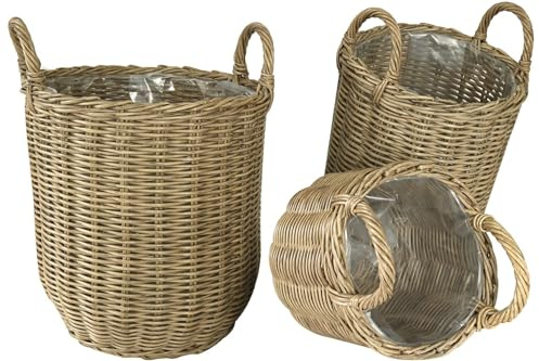 Kynast Pflanzkorb mit Griff 3er Set rund 34/41/47 cm Polyrattan Natur wetterfest